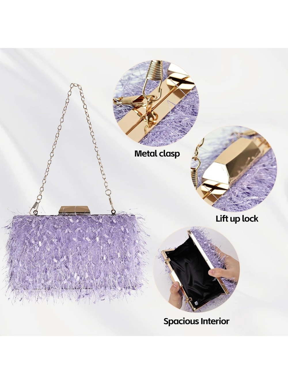 〽️ Women's Light Purple Clutch Purses Banquet Prom Buckle Evening Crossbody Bag - Picture 7 of 7